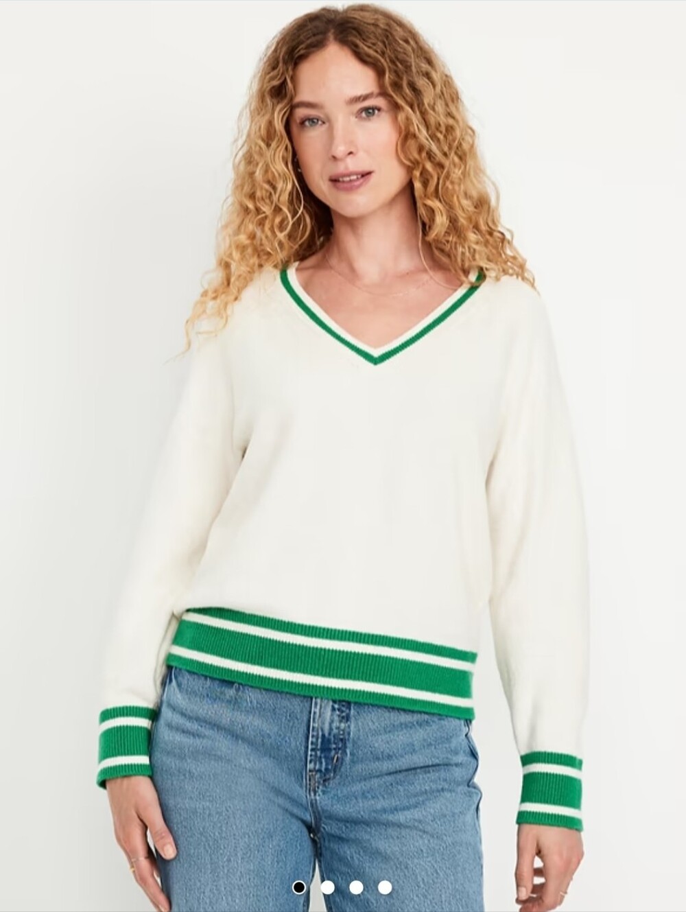 Varsity V-Neck Soft Sweater with Green Trim